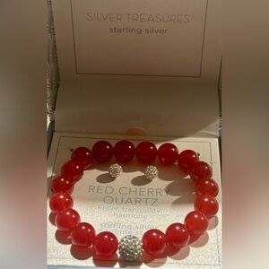 Cherry red quartz & sterling silver stretch bracelet w/ Pave bead & earrings